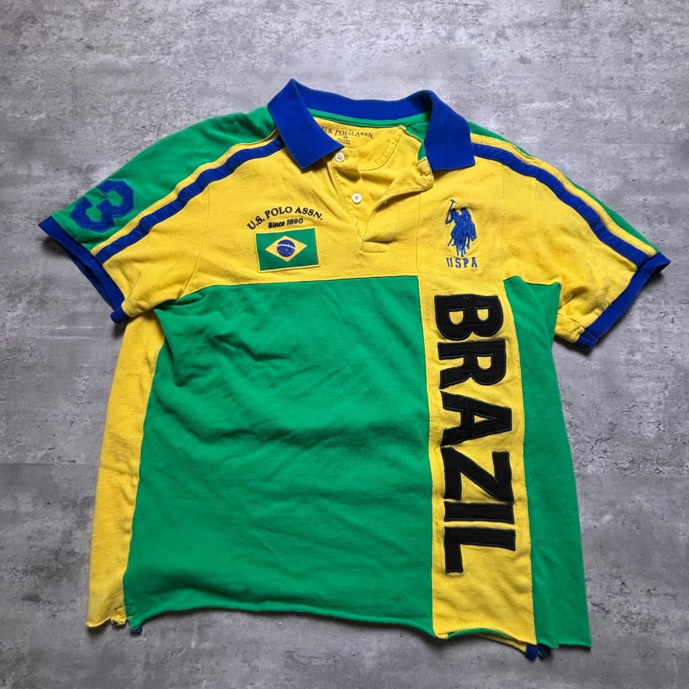 US Polo Assn Polo Shirt Medium Yellow Green Brazil Flag Embroidered Raw Hem